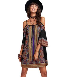 Women's Vintage Print Kimono Sleeve Geometric Tunic Boho Dress