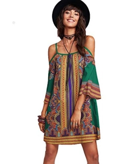 Women's Vintage Print Kimono Sleeve Geometric Tunic Boho Dress