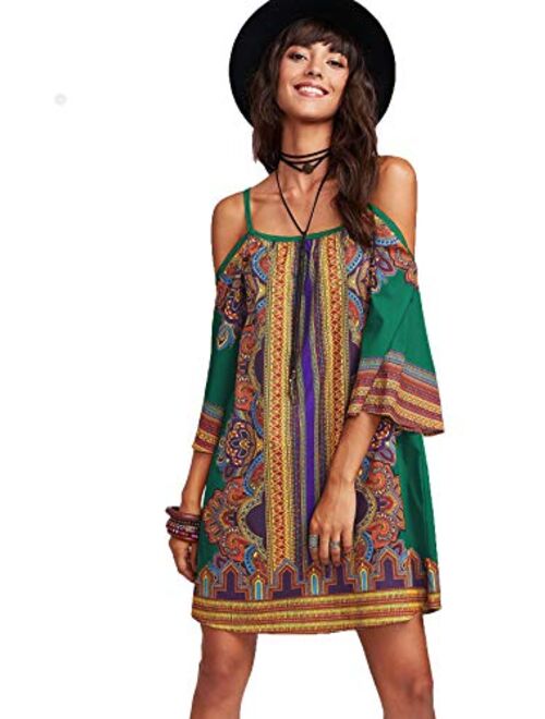 Milumia Women's Vintage Print Kimono Sleeve Geometric Tunic Boho Dress