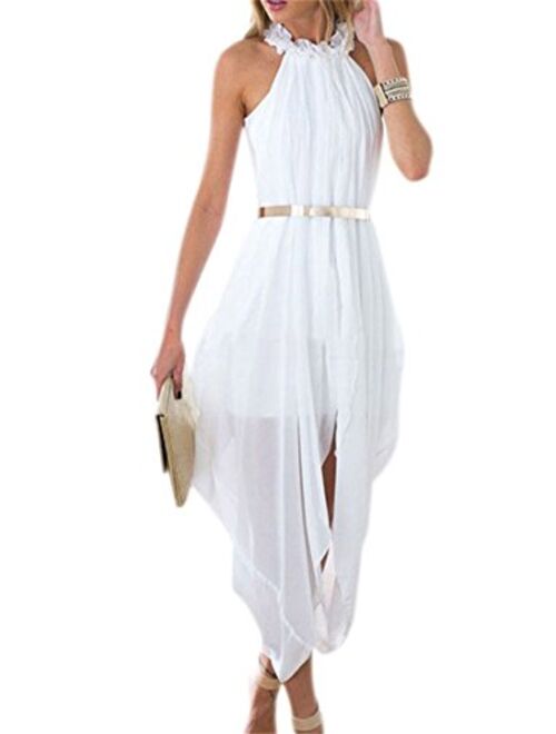 Women's Sheer Chiffon Folds Hi Low Loose Dress Delicate Gold Belt