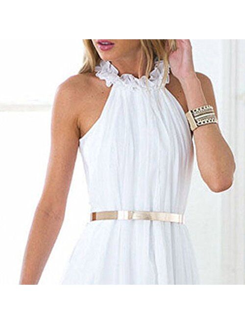 Women's Sheer Chiffon Folds Hi Low Loose Dress Delicate Gold Belt