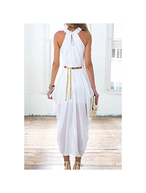 Women's Sheer Chiffon Folds Hi Low Loose Dress Delicate Gold Belt