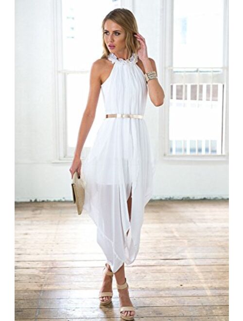 Women's Sheer Chiffon Folds Hi Low Loose Dress Delicate Gold Belt