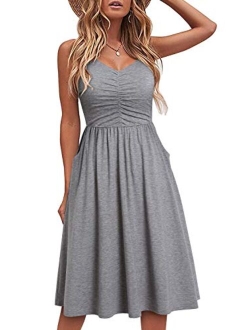 YATHON Casual Dresses for Women Sleeveless Cotton Summer Beach Dress A Line Spaghetti Strap Sundresses with Pockets