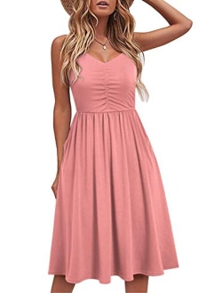 YATHON Casual Dresses for Women Sleeveless Cotton Summer Beach Dress A Line Spaghetti Strap Sundresses with Pockets