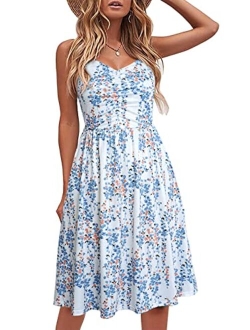 YATHON Casual Dresses for Women Sleeveless Cotton Summer Beach Dress A Line Spaghetti Strap Sundresses with Pockets