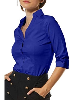 LE3NO Womens Slim-Fit 3/4 Sleeve V Neck Casual Work Shirts Top with Stretch