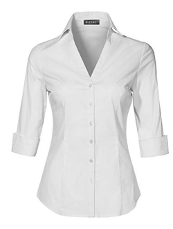 LE3NO Womens Slim-Fit 3/4 Sleeve V Neck Casual Work Shirts Top with Stretch