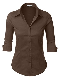 LE3NO Womens Slim-Fit 3/4 Sleeve V Neck Casual Work Shirts Top with Stretch