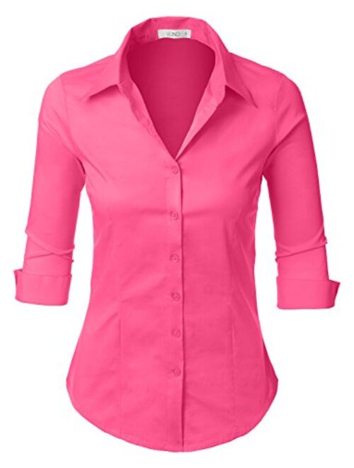 LE3NO Womens Slim-Fit 3/4 Sleeve V Neck Casual Work Shirts Top with Stretch