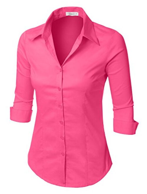 LE3NO Womens Slim-Fit 3/4 Sleeve V Neck Casual Work Shirts Top with Stretch