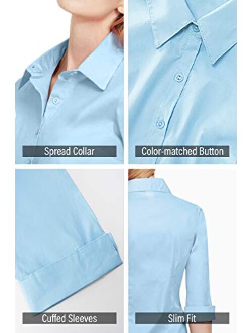 LE3NO Womens Slim-Fit 3/4 Sleeve V Neck Casual Work Shirts Top with Stretch