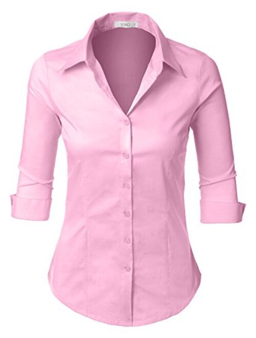 LE3NO Womens Slim-Fit 3/4 Sleeve V Neck Casual Work Shirts Top with Stretch