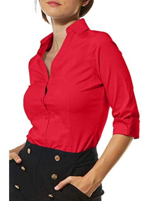 LE3NO Womens Slim-Fit 3/4 Sleeve V Neck Casual Work Shirts Top with Stretch