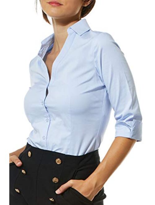 LE3NO Womens Slim-Fit 3/4 Sleeve V Neck Casual Work Shirts Top with Stretch