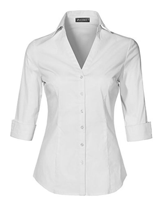 LE3NO Womens Slim-Fit 3/4 Sleeve V Neck Casual Work Shirts Top with Stretch