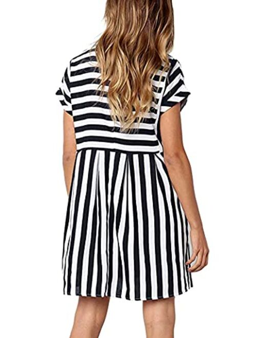 Naggoo Womens Summer Striped Short Sleeve T-Shirt Dresses Casual Swing Aline Dresses with Pocket