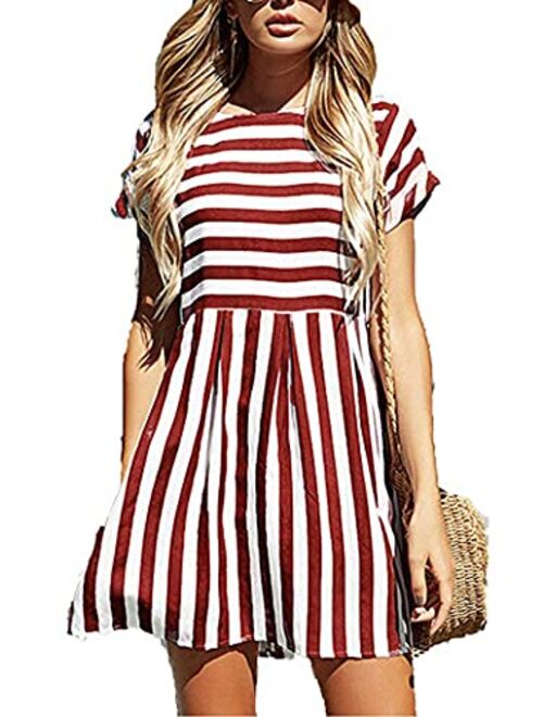 Naggoo Womens Summer Striped Short Sleeve T-Shirt Dresses Casual Swing Aline Dresses with Pocket