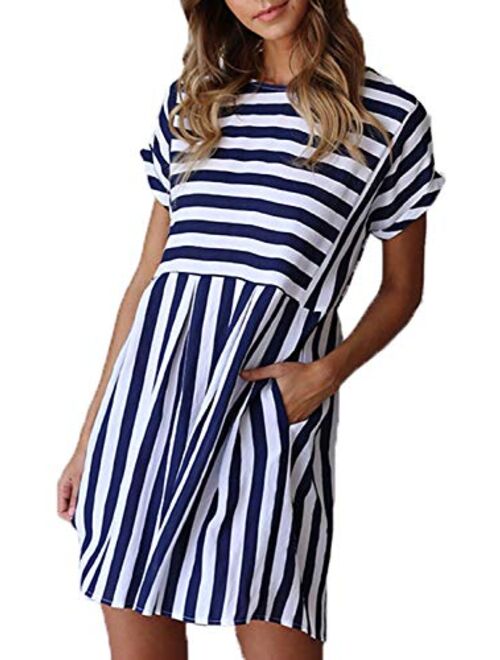 Naggoo Womens Summer Striped Short Sleeve T-Shirt Dresses Casual Swing Aline Dresses with Pocket