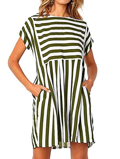 Naggoo Womens Summer Striped Short Sleeve T-Shirt Dresses Casual Swing Aline Dresses with Pocket