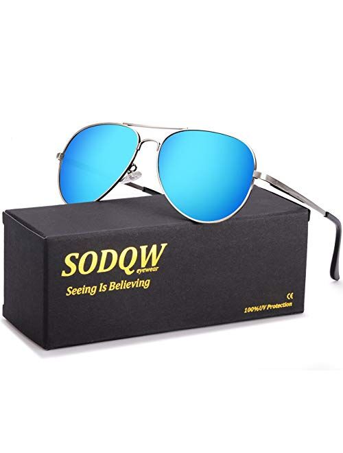 SODQW Aviator Sunglasses for Women Polarized Mirrored, Large Metal Frame, UV 400 Protection