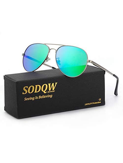 SODQW Aviator Sunglasses for Women Polarized Mirrored, Large Metal Frame, UV 400 Protection