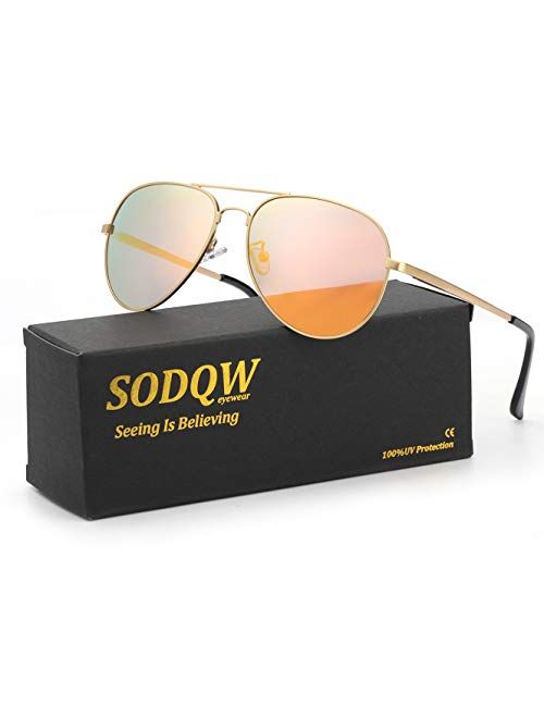 SODQW Aviator Sunglasses for Women Polarized Mirrored, Large Metal Frame, UV 400 Protection