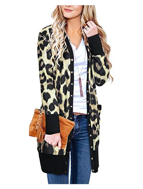 II ININ Women Long Sleeve Open Front Leopard Print Cardigan Snap Button Down Knit Sweater Coat Casual Outwear with Pocket