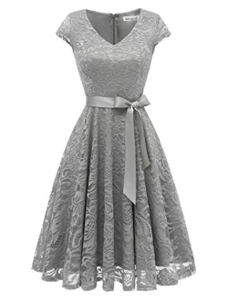 BeryLove Women's Floral Lace Short Bridesmaid Dress Cap Sleeve Cocktail Party Dress