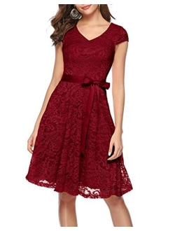 BeryLove Women's Floral Lace Short Bridesmaid Dress Cap Sleeve Cocktail Party Dress