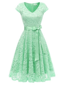 BeryLove Women's Floral Lace Short Bridesmaid Dress Cap Sleeve Cocktail Party Dress