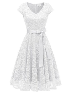 BeryLove Women's Floral Lace Short Bridesmaid Dress Cap Sleeve Cocktail Party Dress