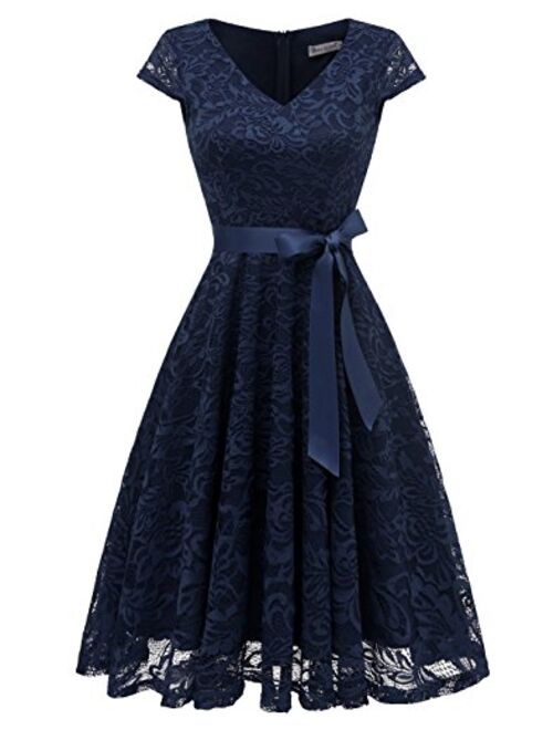 BeryLove Women's Floral Lace Short Bridesmaid Dress Cap Sleeve Cocktail Party Dress