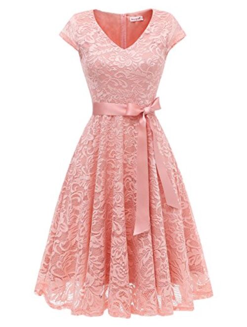 BeryLove Women's Floral Lace Short Bridesmaid Dress Cap Sleeve Cocktail Party Dress