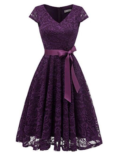 BeryLove Women's Floral Lace Short Bridesmaid Dress Cap Sleeve Cocktail Party Dress