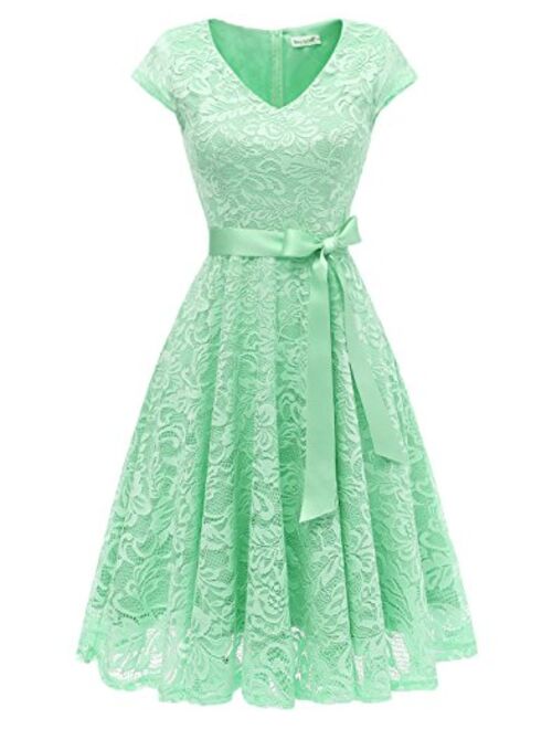 BeryLove Women's Floral Lace Short Bridesmaid Dress Cap Sleeve Cocktail Party Dress