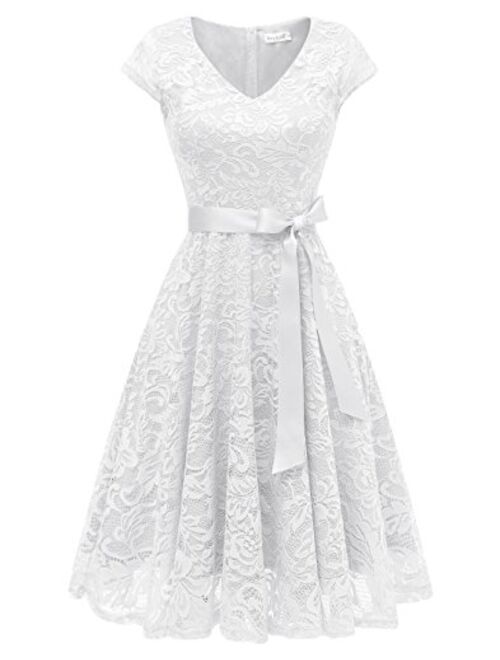 BeryLove Women's Floral Lace Short Bridesmaid Dress Cap Sleeve Cocktail Party Dress