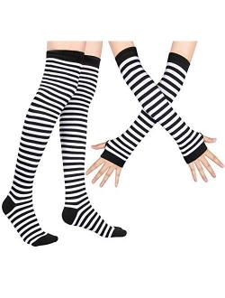 Womens Rainbow Socks Striped Knee High Socks Arm Warmer Fingerless Gloves Set