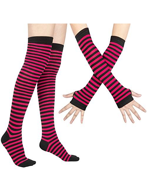 Womens Rainbow Socks Striped Knee High Socks Arm Warmer Fingerless Gloves Set