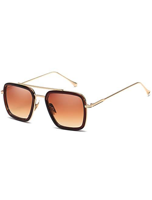 Retro Pilot Sunglasses Square Metal Frame for Men Women Sunglasses Classic Downey Tony Stark Gradient Lens