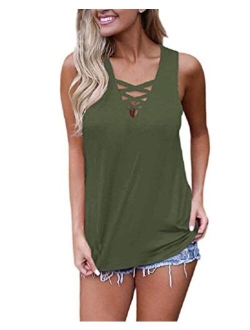 WNEEDU Women's Summer Sleeveless Criss Cross Casual Tank Tops Basic Lace up Blouse