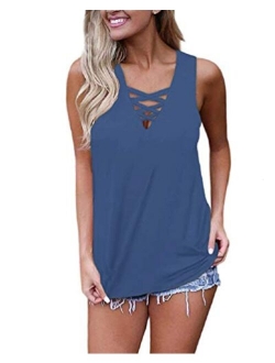 WNEEDU Women's Summer Sleeveless Criss Cross Casual Tank Tops Basic Lace up Blouse