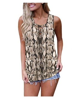 WNEEDU Women's Summer Sleeveless Criss Cross Casual Tank Tops Basic Lace up Blouse