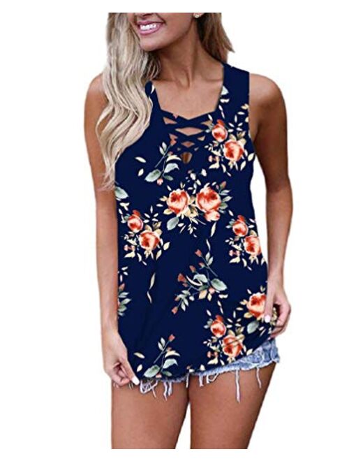 WNEEDU Women's Summer Sleeveless Criss Cross Casual Tank Tops Basic Lace up Blouse