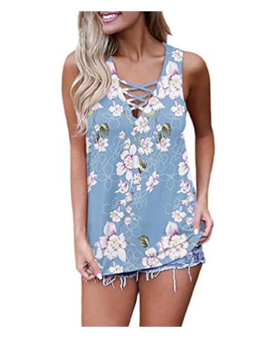 WNEEDU Women's Summer Sleeveless Criss Cross Casual Tank Tops Basic Lace up Blouse