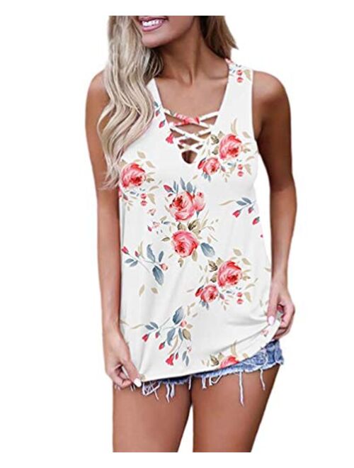 WNEEDU Women's Summer Sleeveless Criss Cross Casual Tank Tops Basic Lace up Blouse