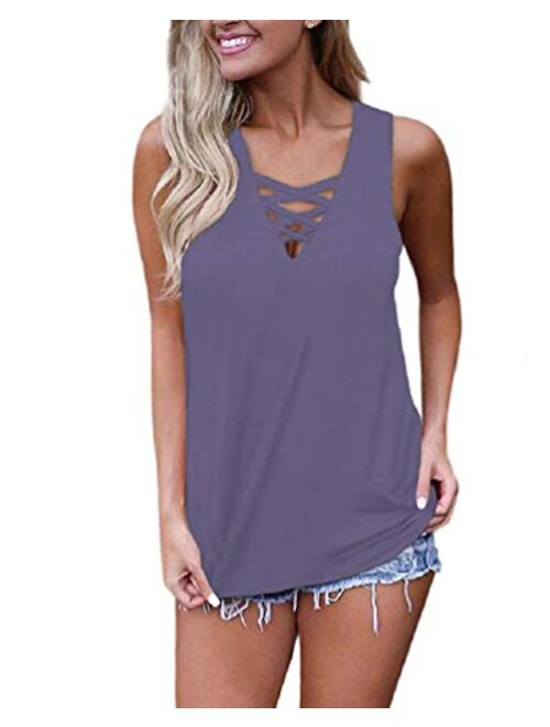 WNEEDU Women's Summer Sleeveless Criss Cross Casual Tank Tops Basic Lace up Blouse