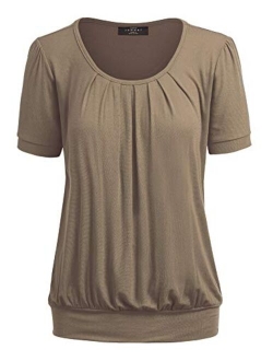 Women's Scoop Neck Short Sleeve Front Pleated Blouse Tunic top S-3XL Plus Size Made in U.S.A.