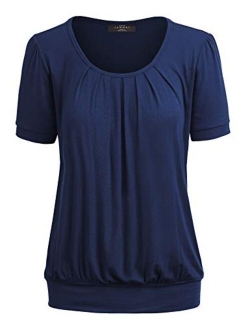 Women's Scoop Neck Short Sleeve Front Pleated Blouse Tunic top S-3XL Plus Size Made in U.S.A.