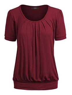 Women's Scoop Neck Short Sleeve Front Pleated Blouse Tunic top S-3XL Plus Size Made in U.S.A.